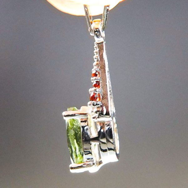 Silver Pendant with Faceted Moldavite and Red Garnets - CERTIFIED