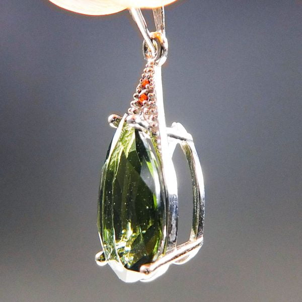 Silver Pendant with Big Faceted Moldavite and Red Garnets - CERTIFIED