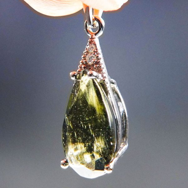 Silver Pendant with Big Faceted Moldavite and Zircons - CERTIFIED