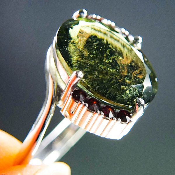Ring with big Moldavite and Garnets - CERTIFIED