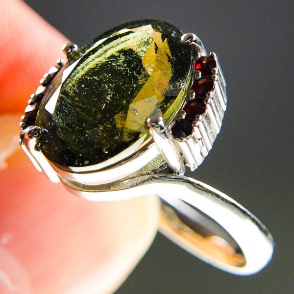Ring with big Moldavite and Garnets - CERTIFIED