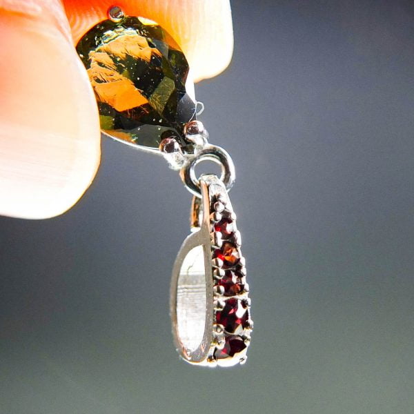 Moldavite pendant with Red Garnets CERTIFIED