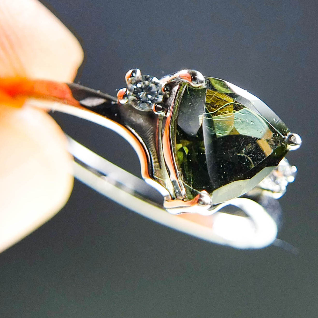 Moldavite Ring with Zircons - Certified