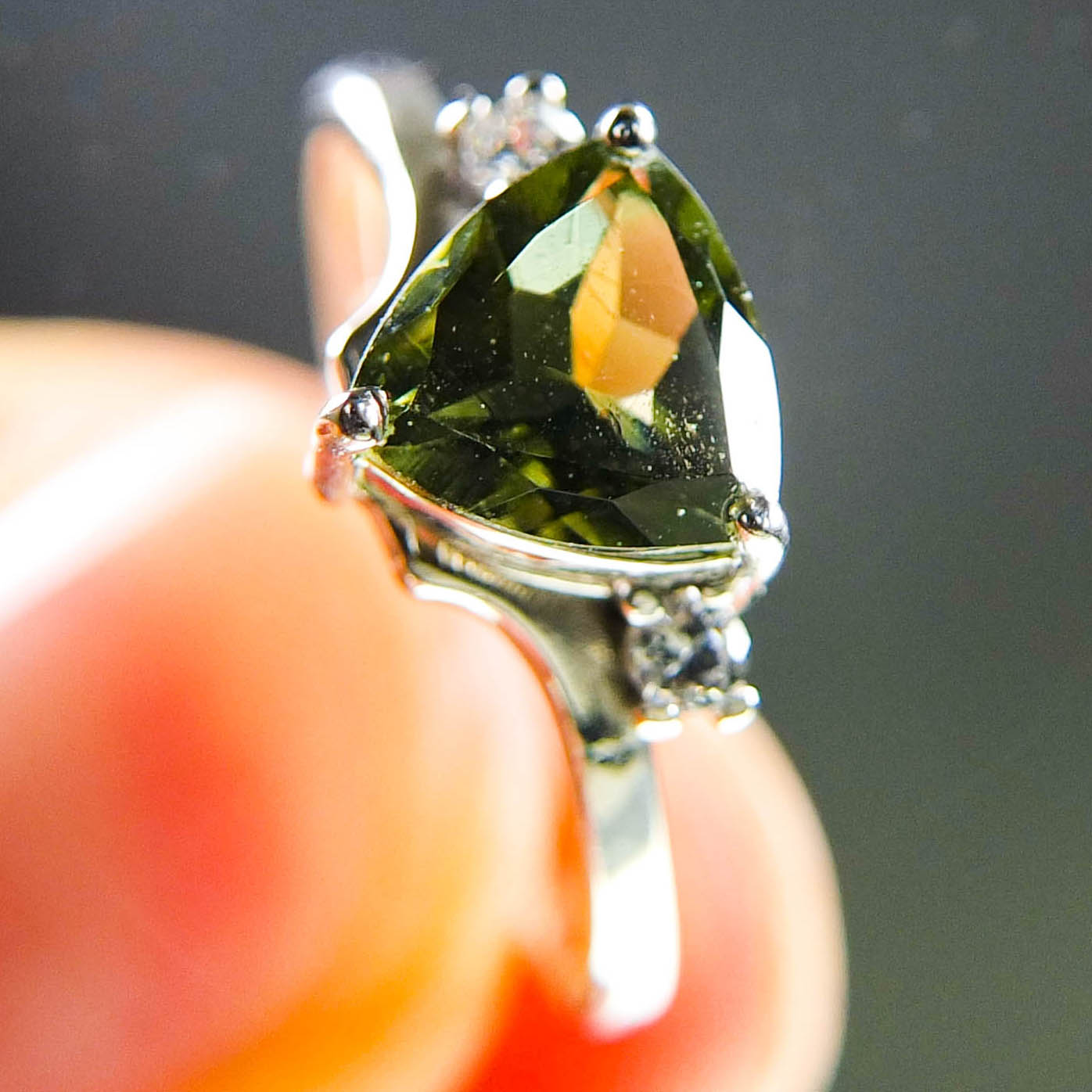Moldavite Ring with Zircons - Certified