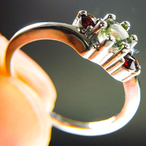 Moldavite Silver Ring - Heart - with Red Garnets - CERTIFIED