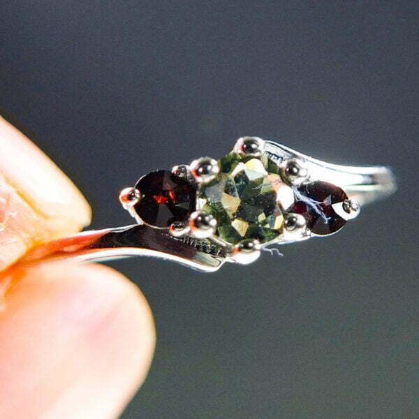 Moldavite Silver Ring - Heart - with Red Garnets - CERTIFIED