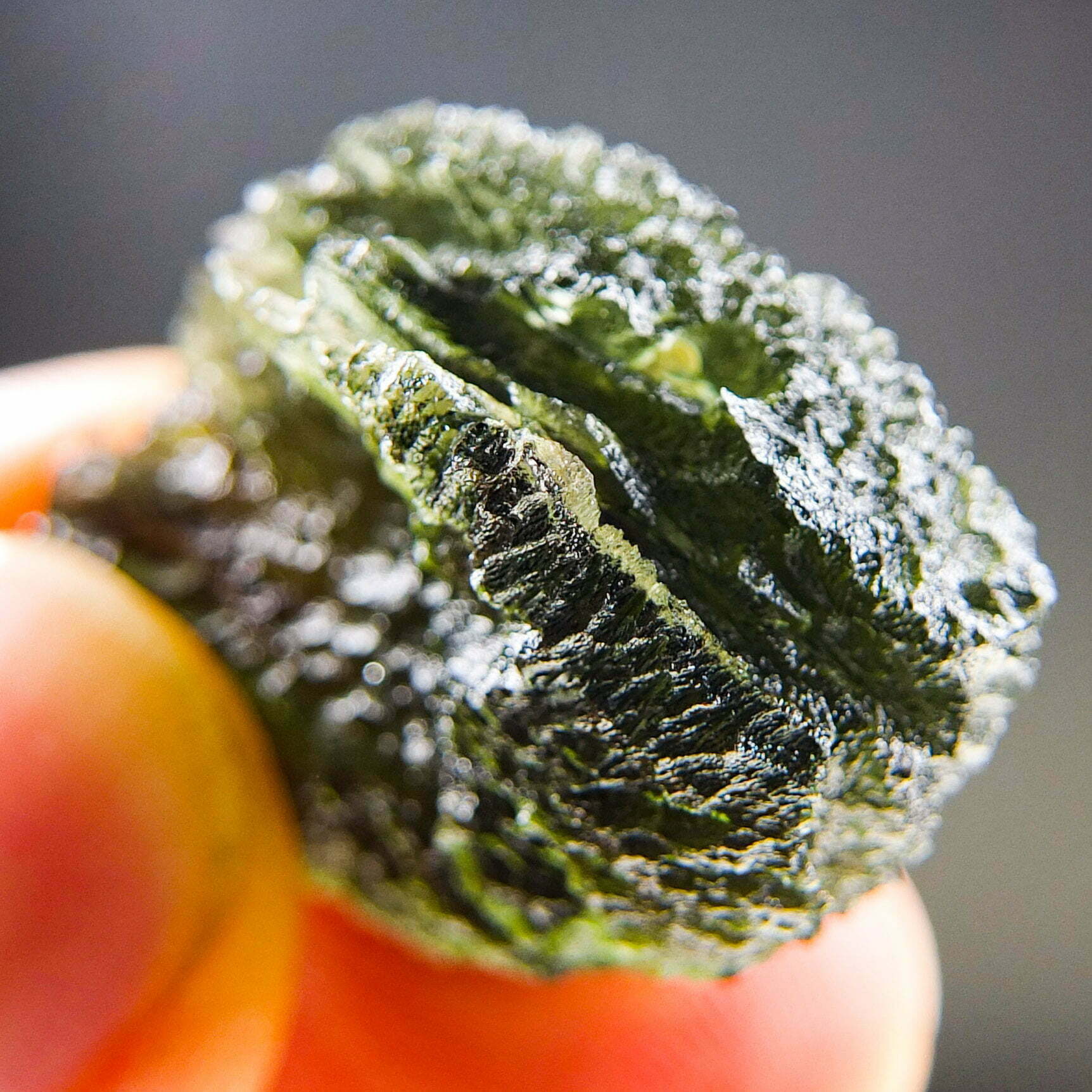 Rare Certified Moldavite - Elipsoid - natural fragment shape with long channel filled by clay