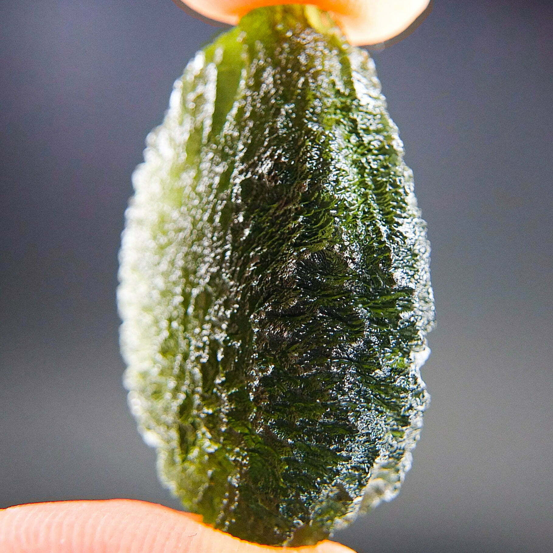 Rare Certified Moldavite - Elipsoid - natural fragment shape with long channel filled by clay