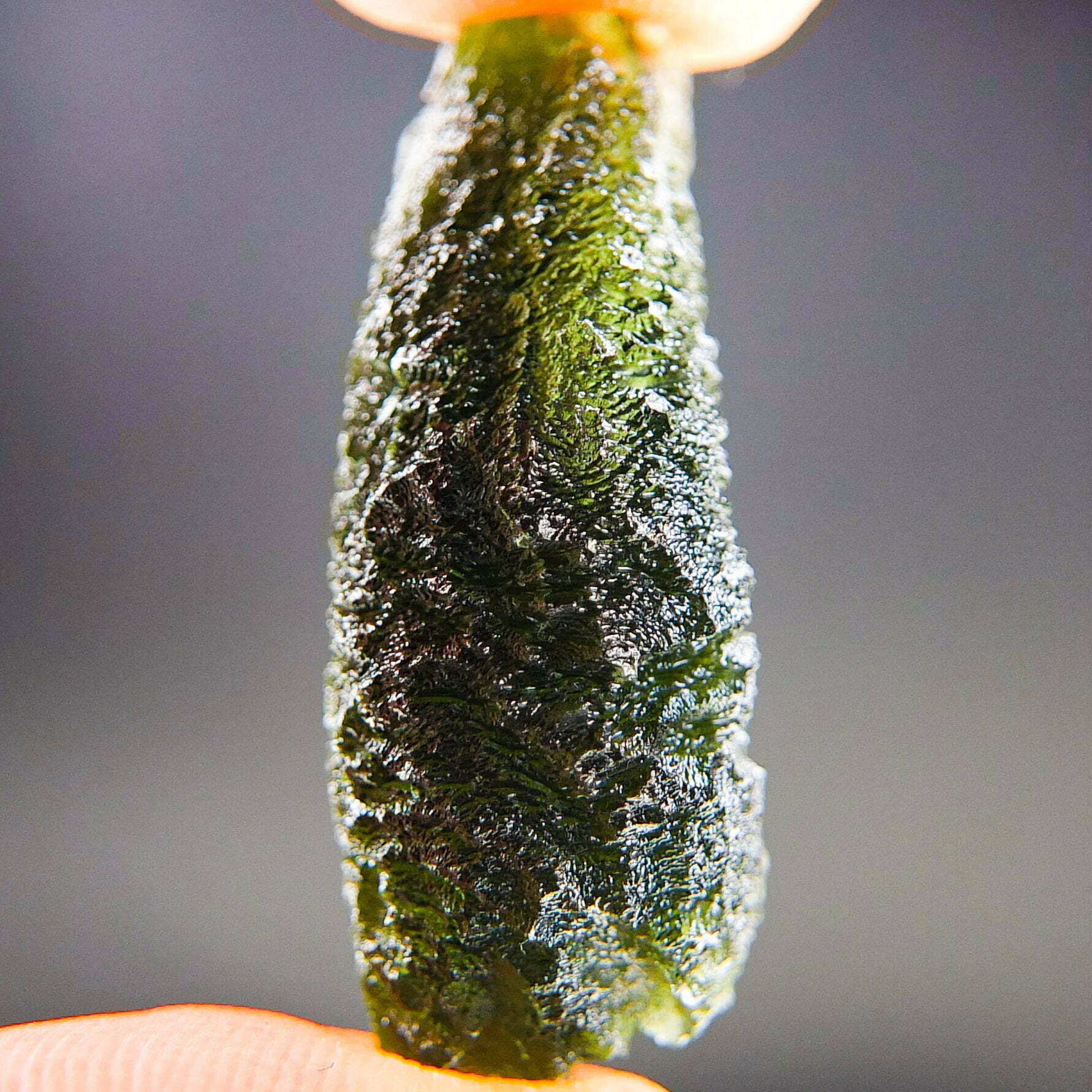 Rare Certified Moldavite - Elipsoid - natural fragment shape with long channel filled by clay