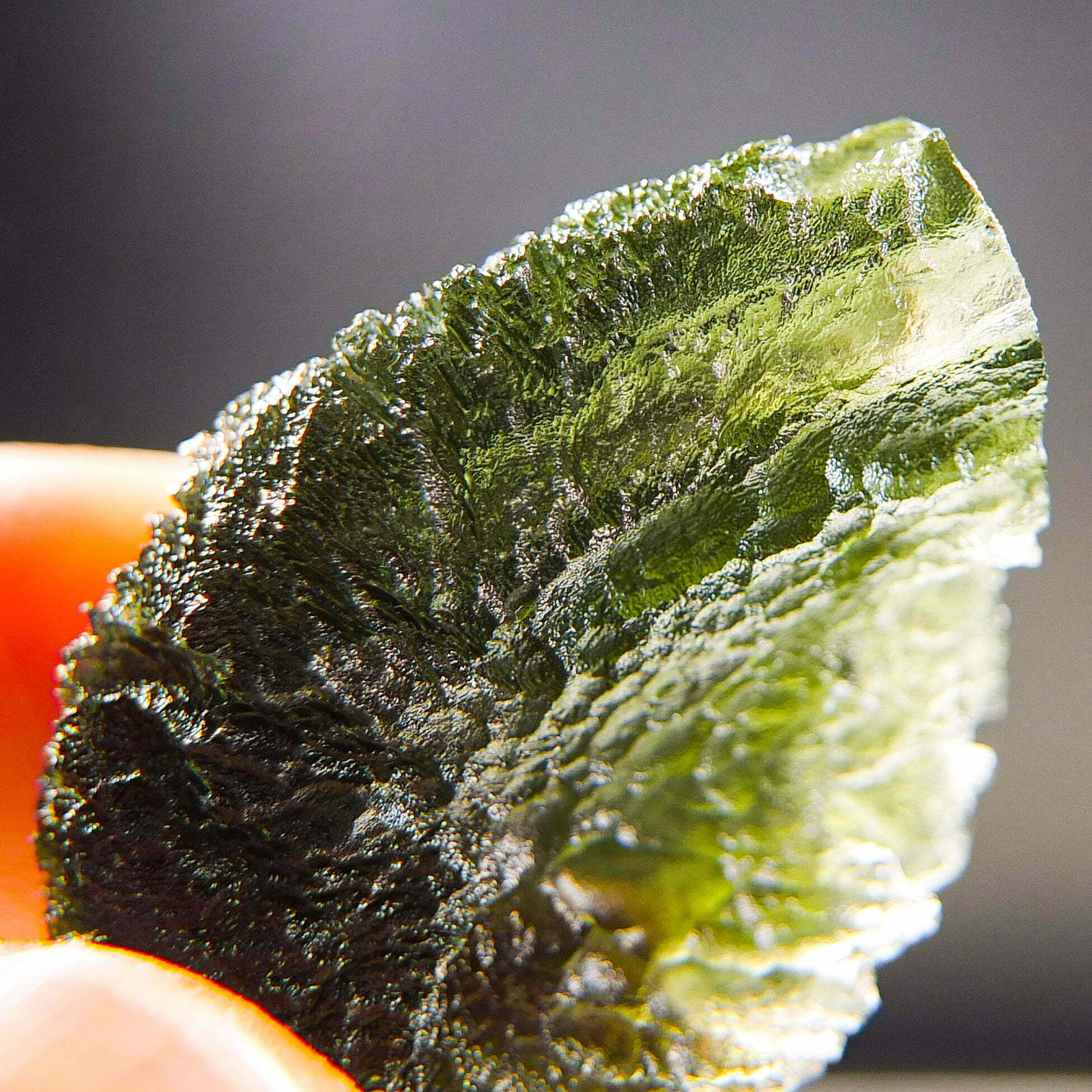 Rare Certified Moldavite - Elipsoid - natural fragment shape with long channel filled by clay