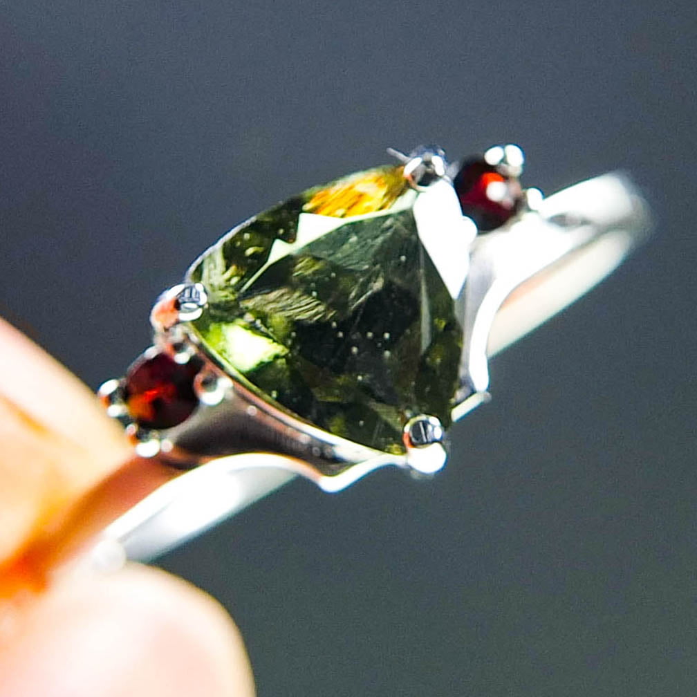 Ring - Moldavite + Silver + Red garnets - Certified